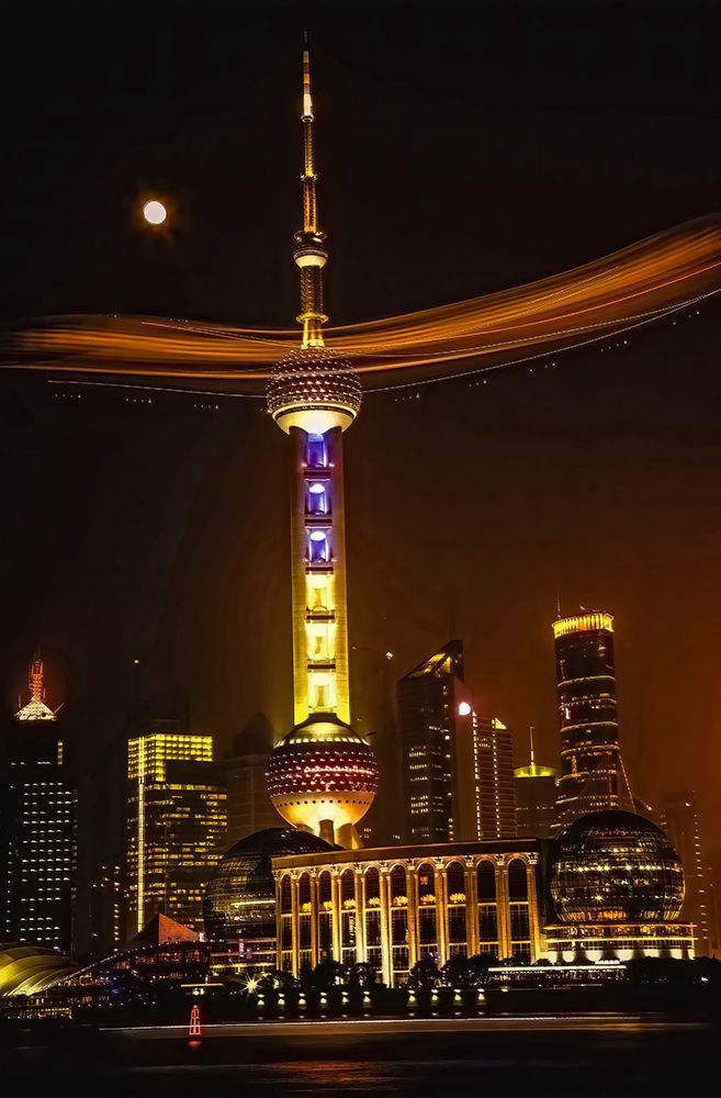 Shanghai TV Tower, Pudong, Night shot with moon and blimp